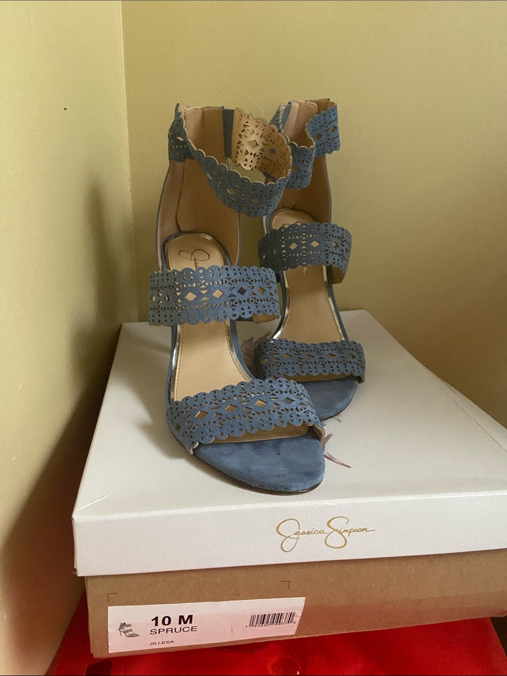 Jessica Simpson Spruce Blue Laser-Cut Suede Heeled Sandals
